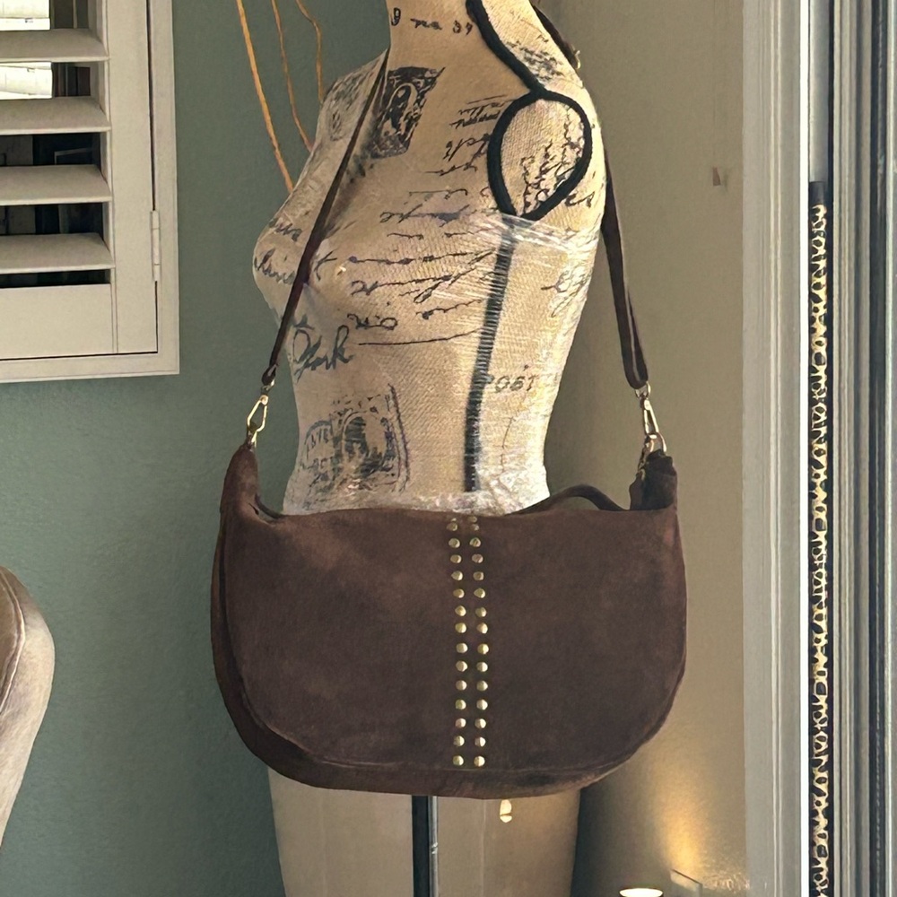 Persaman New York Gold Studded Brown Shoulder Bag
